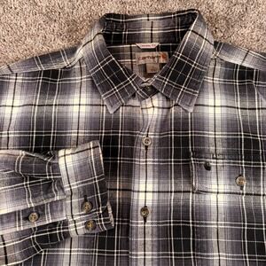 Carhartt Heavy Flannel Shirt Mens L Navy Plaid Work Pockets Original Fit